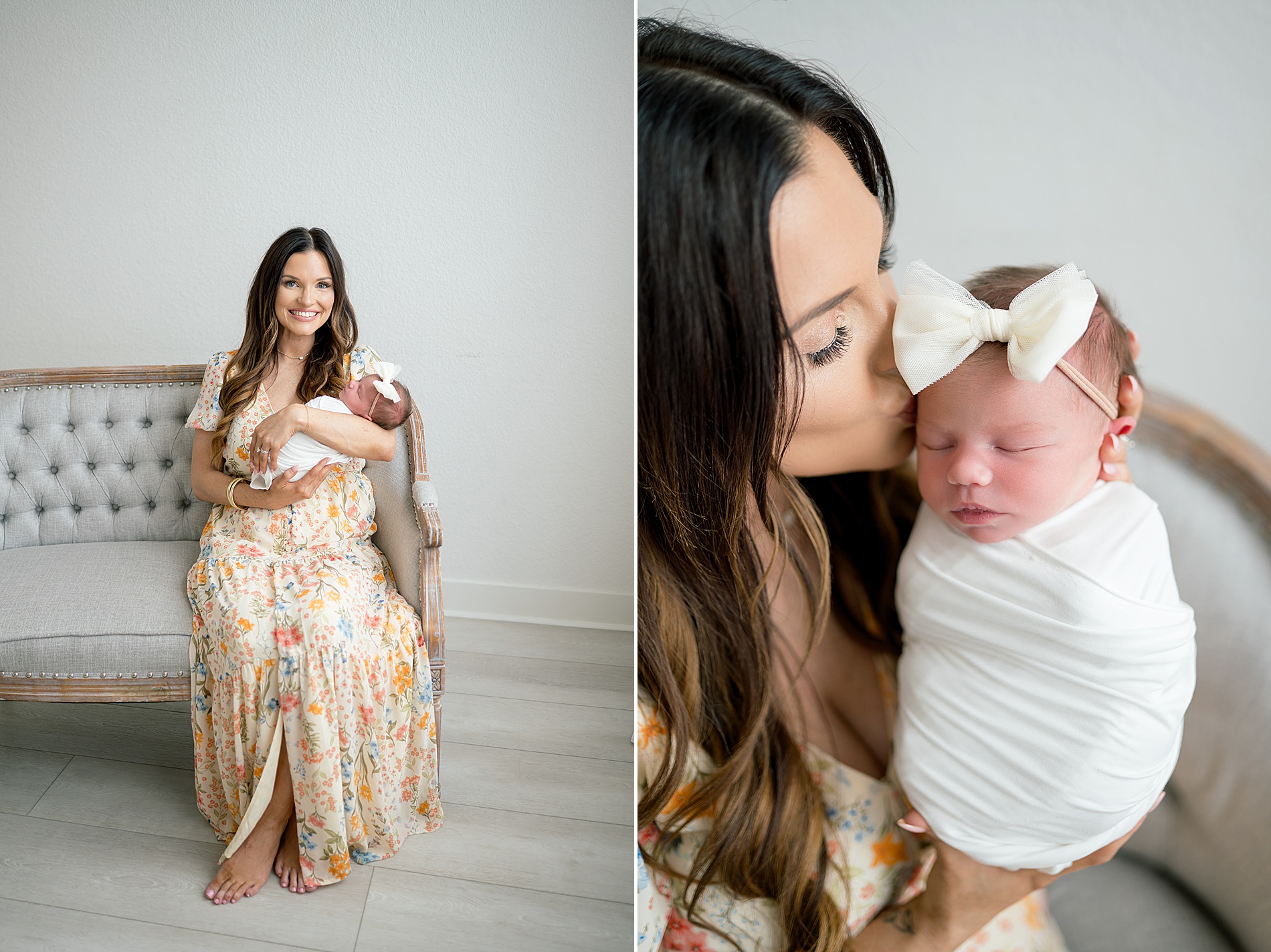 mom holds newborn girl wrapped in white blanket with white bow