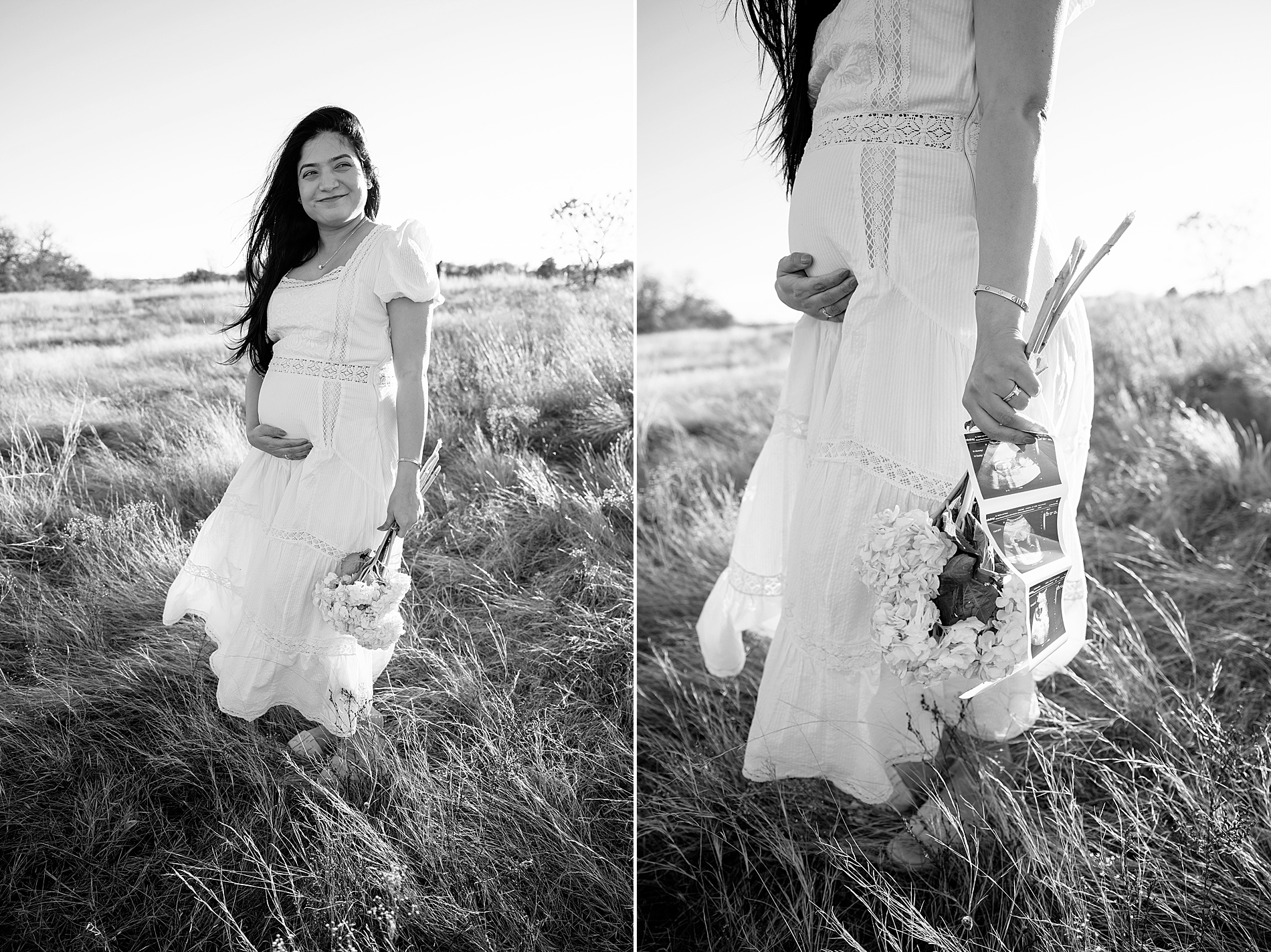 mom holds fresh flowers and ultrasound photo during Golden hour maternity portraits 