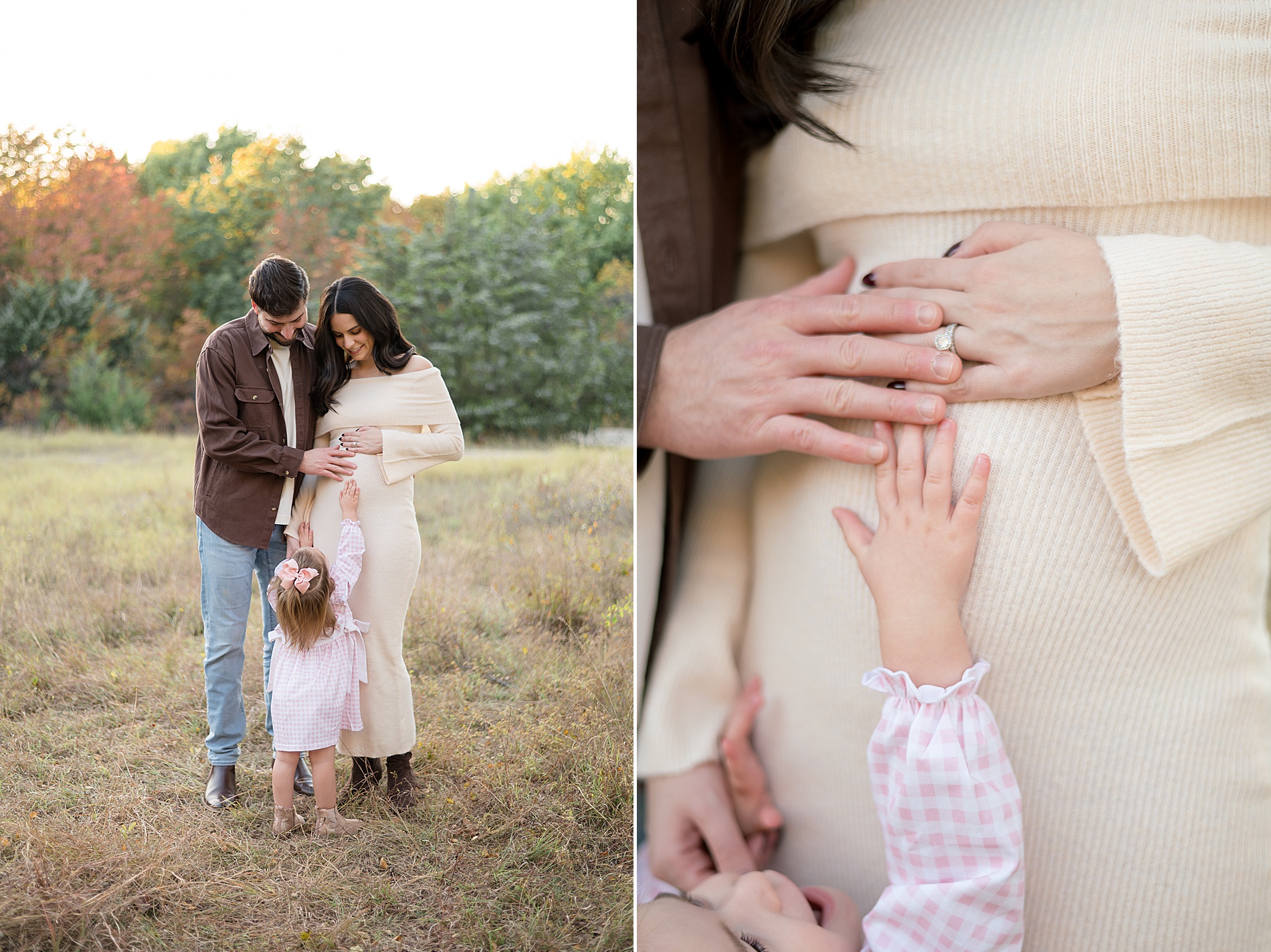 little girl puts hands on mom's belly 