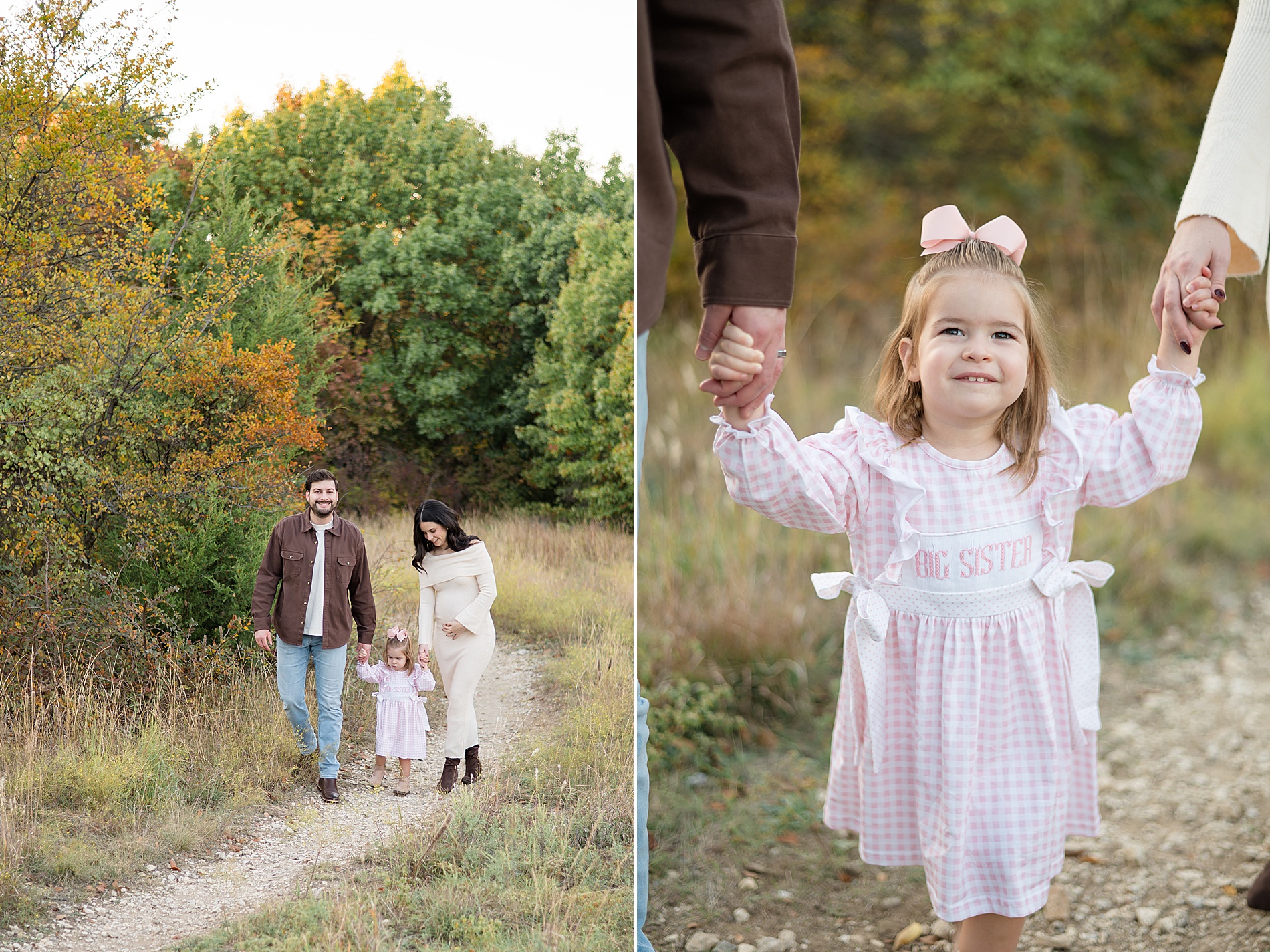 maternity portraits of family walking while holding hands 