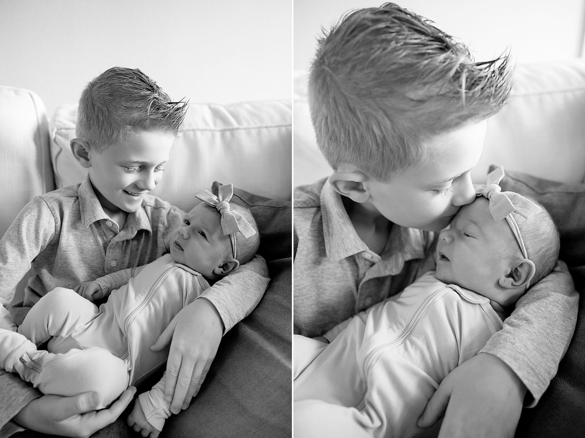 Big brother loves on sister during in-home lifestyle newborn portraits 