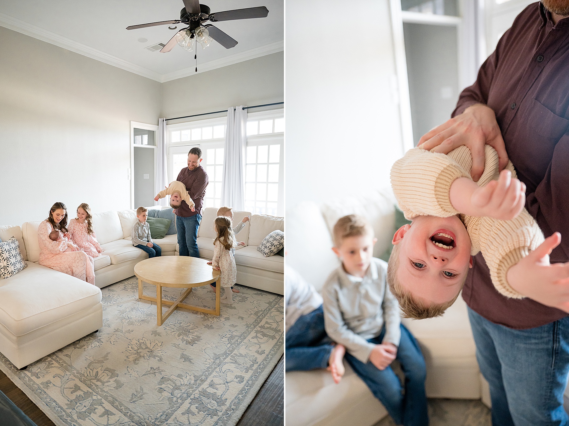 playful in-home lifestyle newborn portraits with large family 