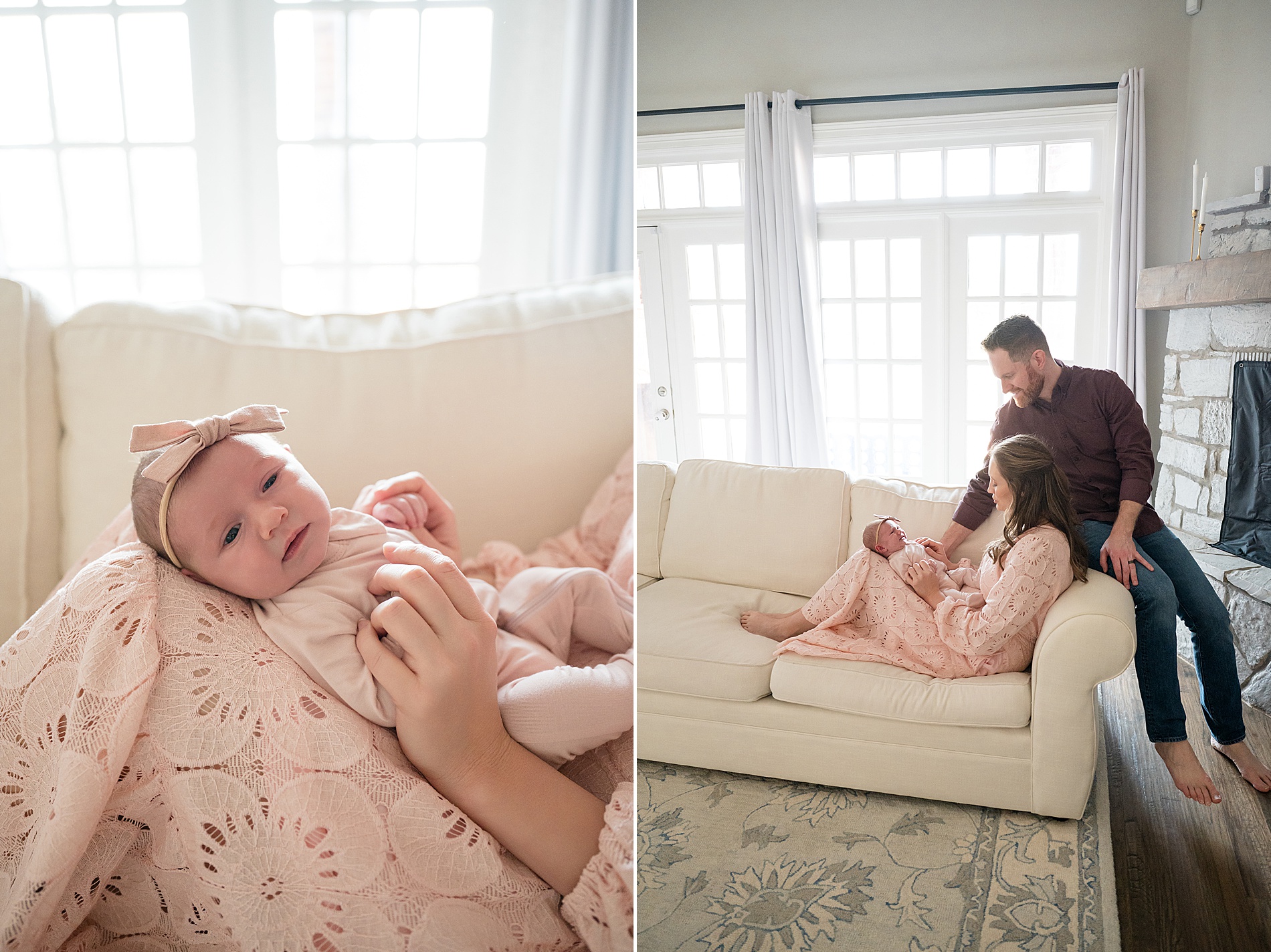 parents sit with newborn on couch 