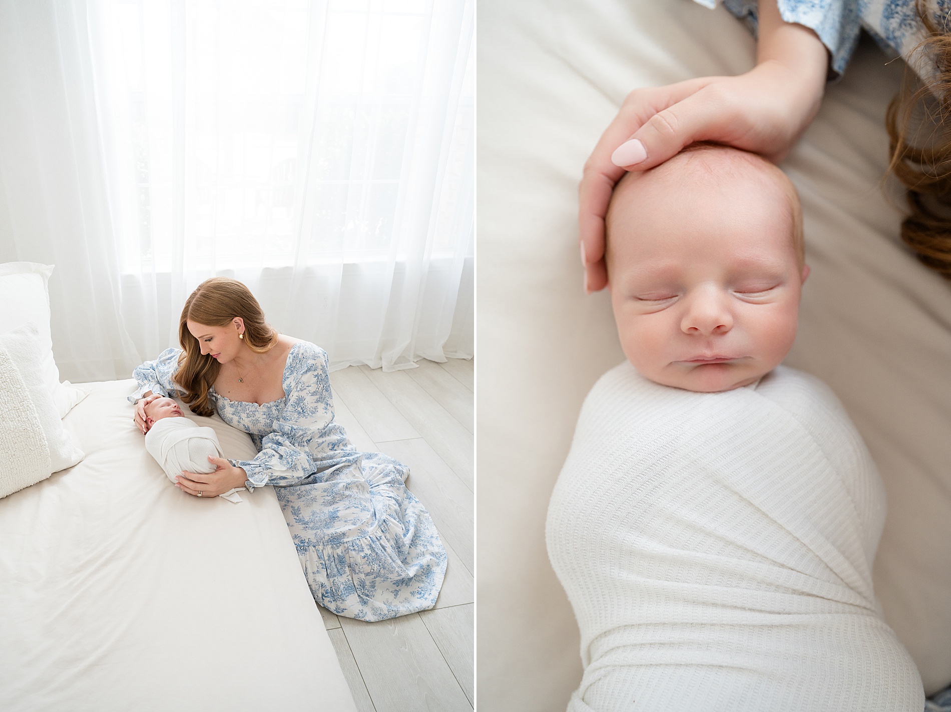 mom places hands on newborn during studio session | The Importance of Newborn Safety