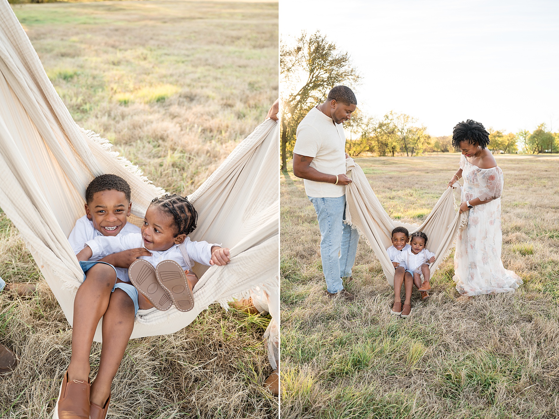 children swing in sheet held by parents during fall petite family session